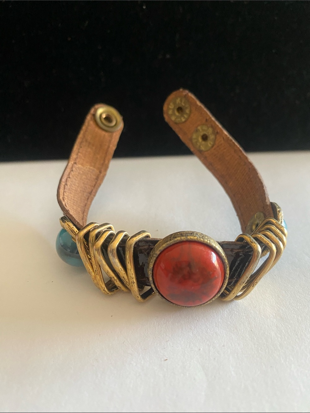 RAU KLIKIT Boho Red and Turquoise Leather Cuff Bracelet with Gold Accents